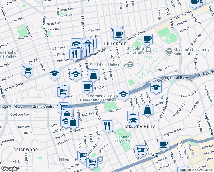 map of restaurants, bars, coffee shops, grocery stores, and more near 82nd Road in Queens
