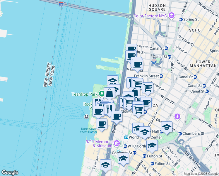 map of restaurants, bars, coffee shops, grocery stores, and more near 345 Chambers Street in New York