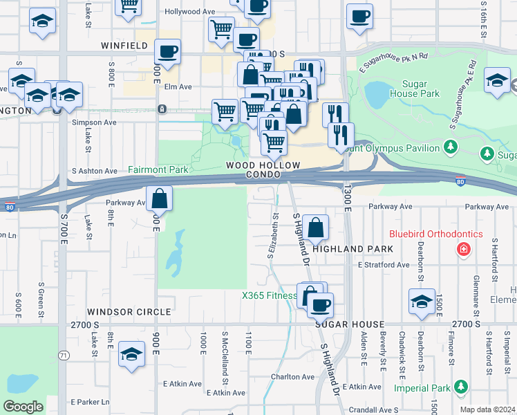 map of restaurants, bars, coffee shops, grocery stores, and more near 2434 South Elizabeth Street in Salt Lake City