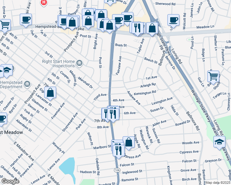 map of restaurants, bars, coffee shops, grocery stores, and more near 2503 4th Avenue in East Meadow