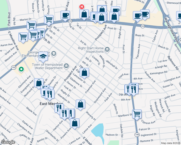 map of restaurants, bars, coffee shops, grocery stores, and more near 2407 Eighth street in East Meadow