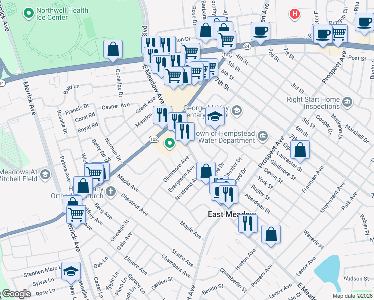 map of restaurants, bars, coffee shops, grocery stores, and more near in East Meadow