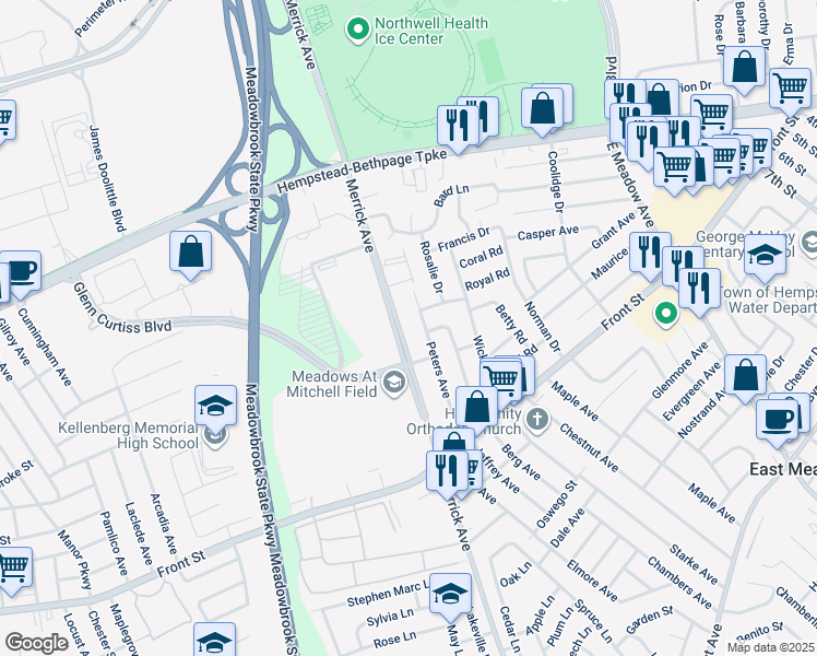 map of restaurants, bars, coffee shops, grocery stores, and more near 144 Glenn Curtiss Boulevard in East Meadow