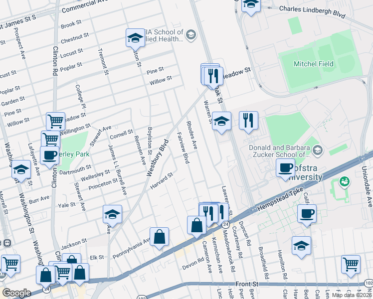 map of restaurants, bars, coffee shops, grocery stores, and more near 177 Fairview Boulevard in Hempstead