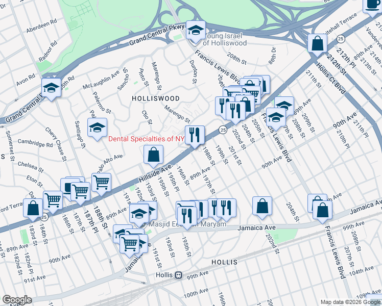 map of restaurants, bars, coffee shops, grocery stores, and more near 88-24 197th Street in Queens