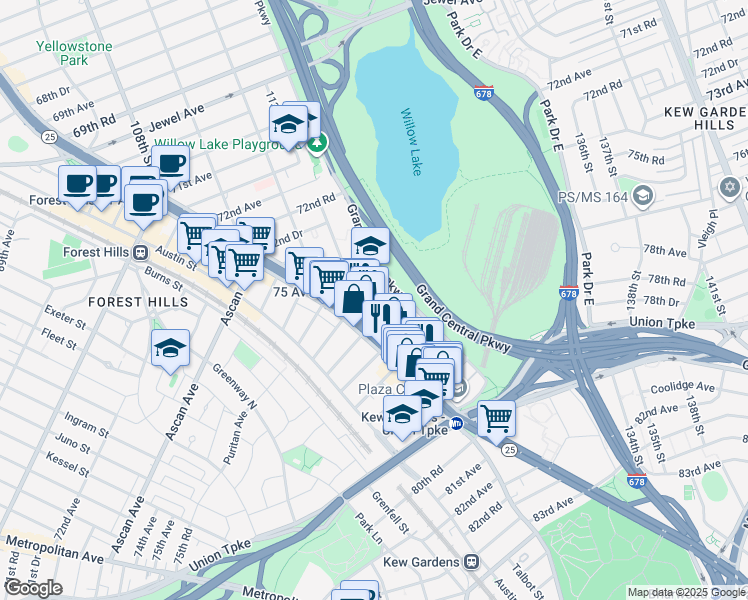 map of restaurants, bars, coffee shops, grocery stores, and more near 113-29 Queens Boulevard in Queens