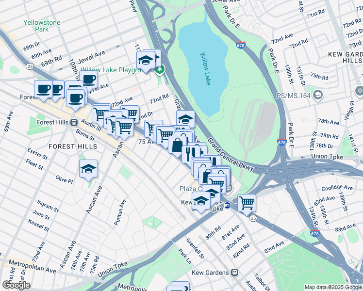 map of restaurants, bars, coffee shops, grocery stores, and more near 113-29 Queens Boulevard in Queens