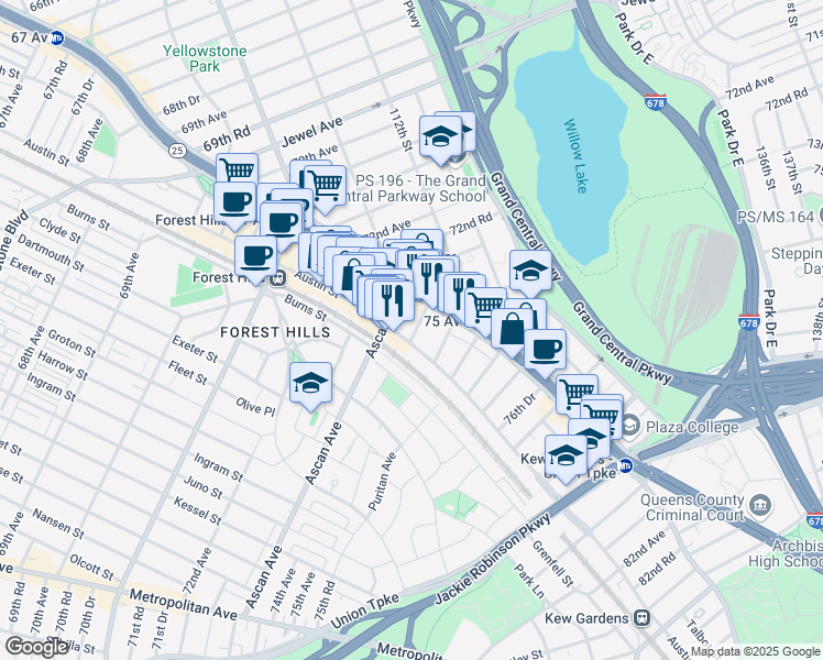 map of restaurants, bars, coffee shops, grocery stores, and more near 76-44 Austin Street in Queens