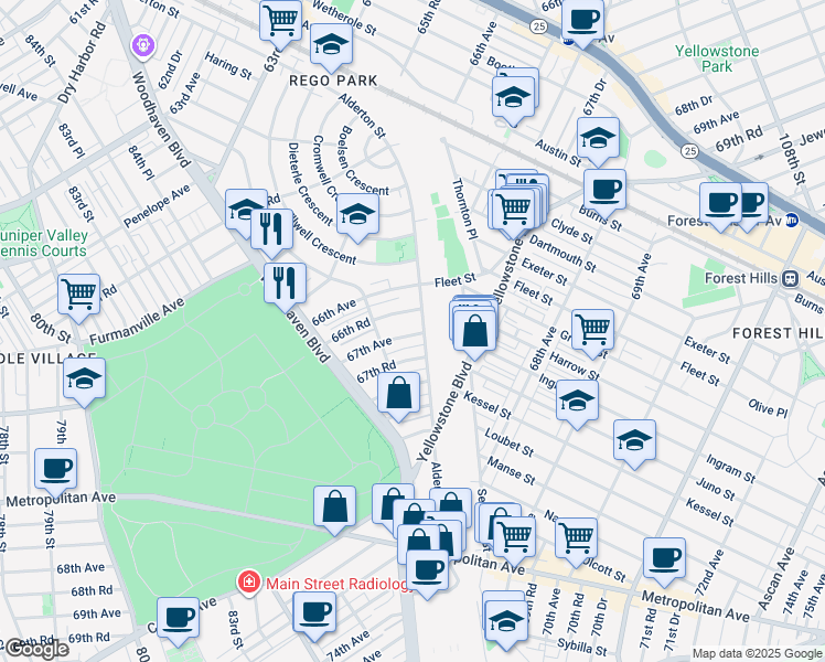 map of restaurants, bars, coffee shops, grocery stores, and more near 85-53 67th Road in Queens