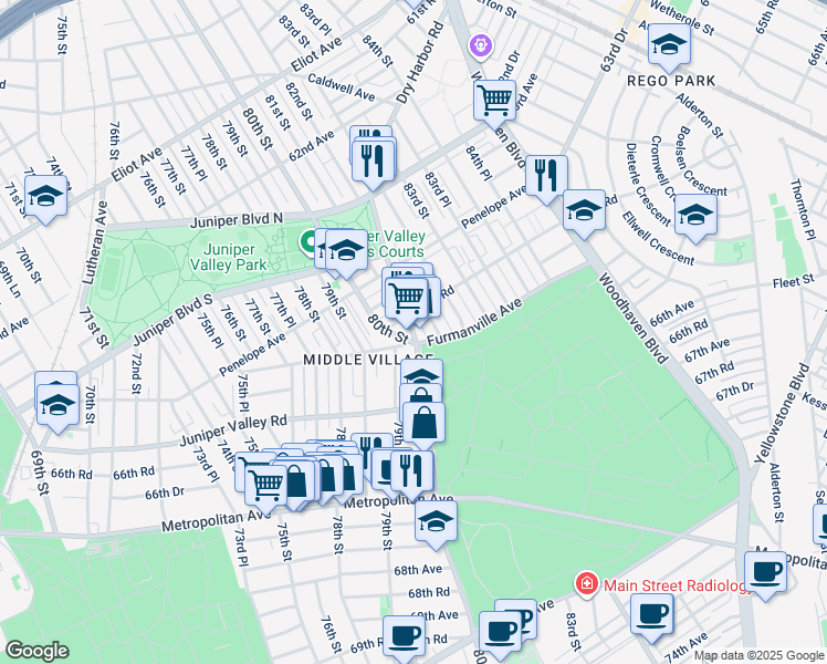 map of restaurants, bars, coffee shops, grocery stores, and more near 65-12 80th Street in Queens