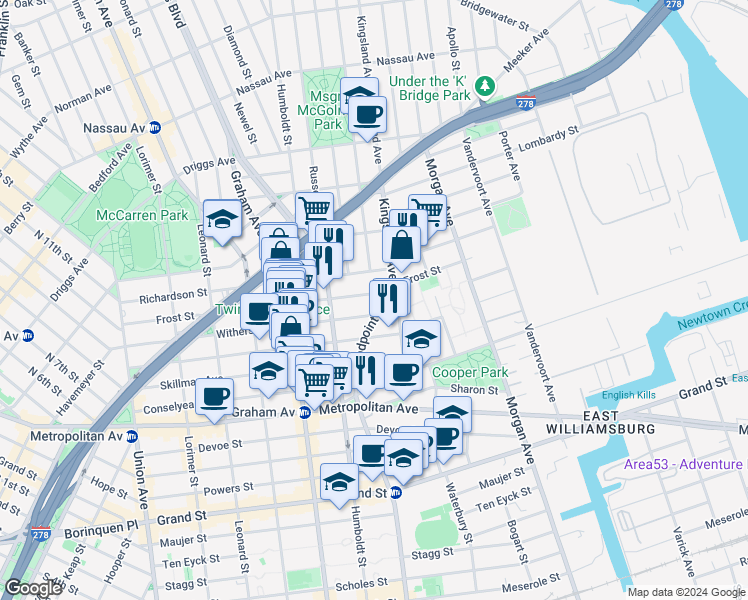 map of restaurants, bars, coffee shops, grocery stores, and more near in Brooklyn