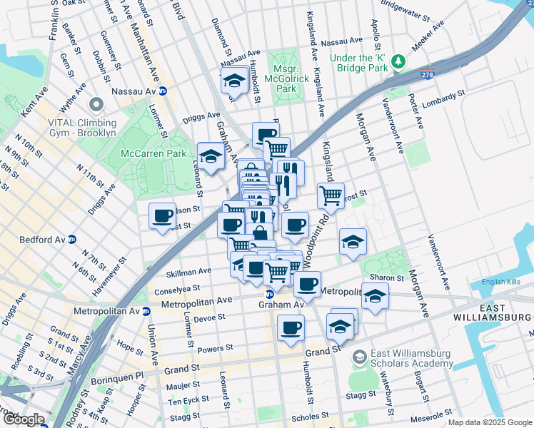 map of restaurants, bars, coffee shops, grocery stores, and more near 189 Withers Street in Brooklyn