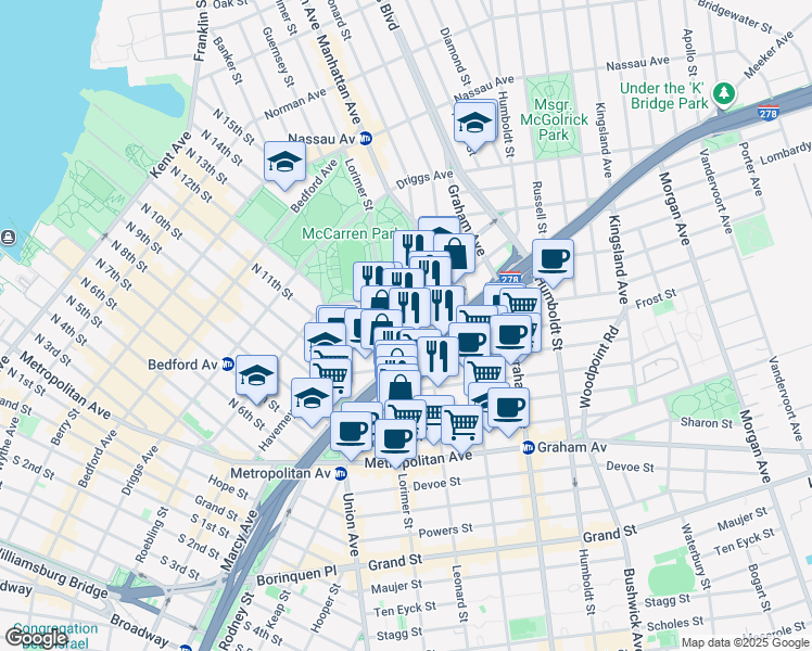 map of restaurants, bars, coffee shops, grocery stores, and more near 282 Meeker Avenue in Brooklyn