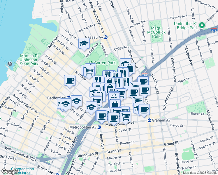 map of restaurants, bars, coffee shops, grocery stores, and more near in Brooklyn