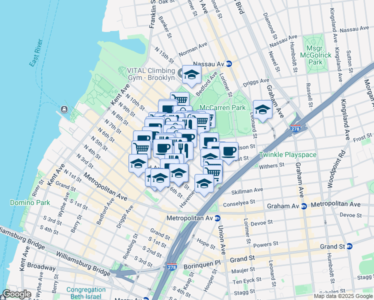 map of restaurants, bars, coffee shops, grocery stores, and more near in Brooklyn