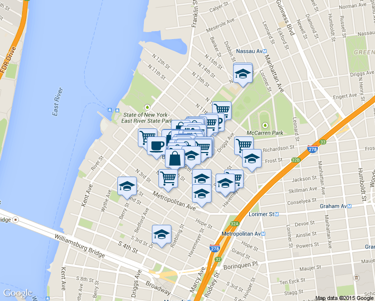 map of restaurants, bars, coffee shops, grocery stores, and more near 184 Bedford Avenue in Brooklyn