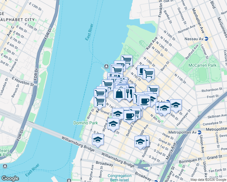 map of restaurants, bars, coffee shops, grocery stores, and more near 225 Wythe Avenue in Brooklyn