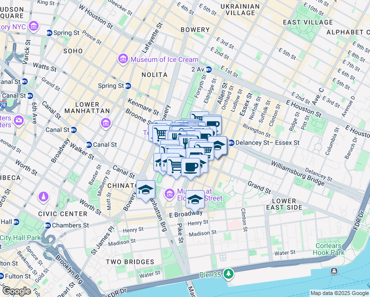 map of restaurants, bars, coffee shops, grocery stores, and more near 111 Eldridge Street in New York