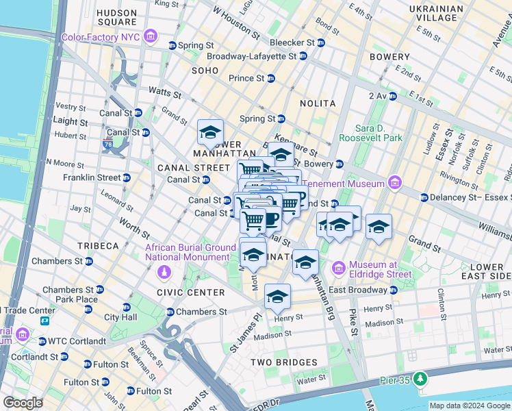 map of restaurants, bars, coffee shops, grocery stores, and more near in New York