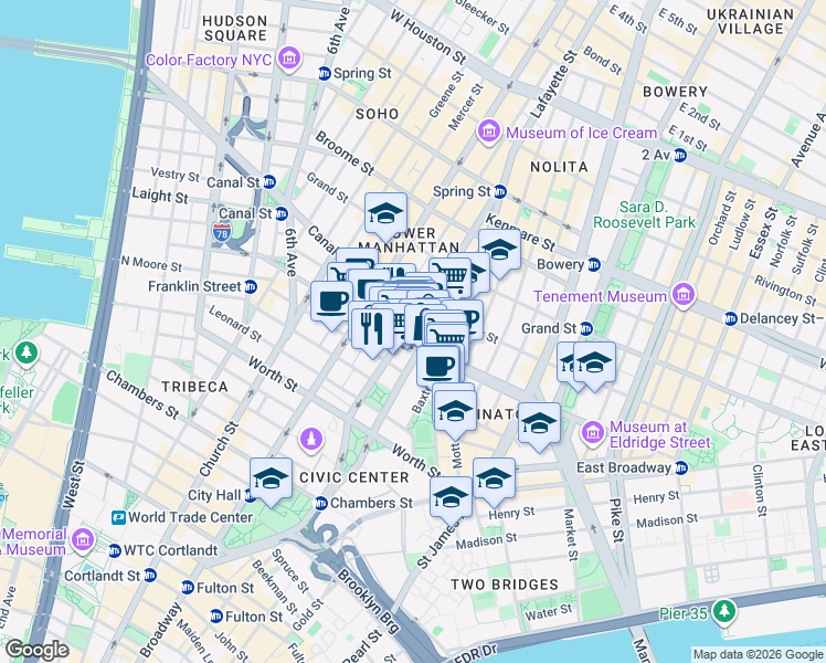 map of restaurants, bars, coffee shops, grocery stores, and more near 153d Centre Street in New York