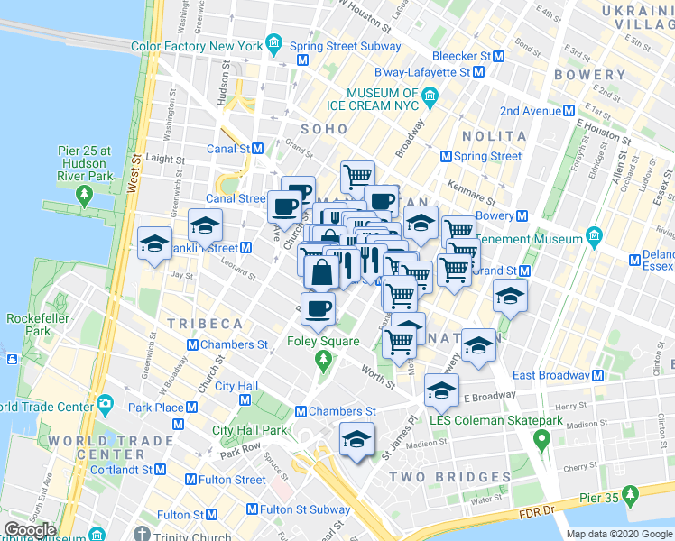 map of restaurants, bars, coffee shops, grocery stores, and more near 381 Broadway in New York