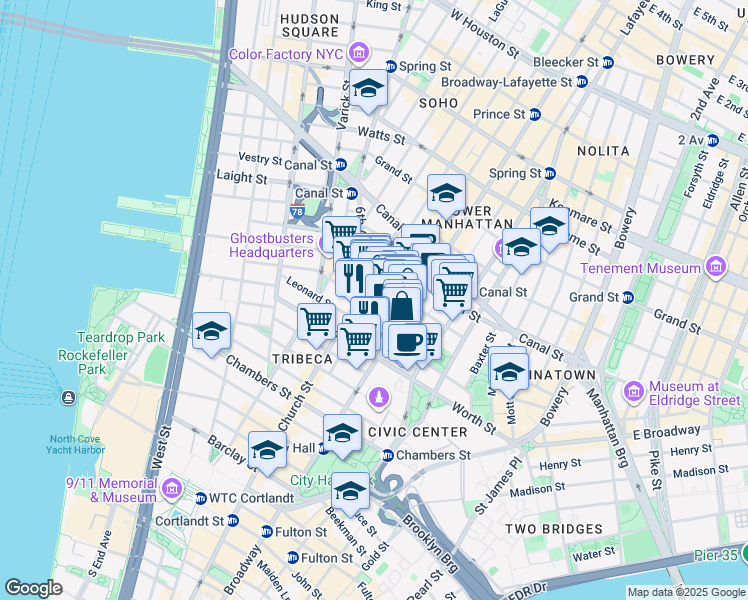map of restaurants, bars, coffee shops, grocery stores, and more near 51-53 White Street in New York