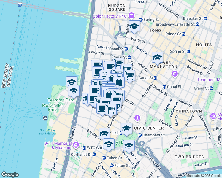 map of restaurants, bars, coffee shops, grocery stores, and more near in New York