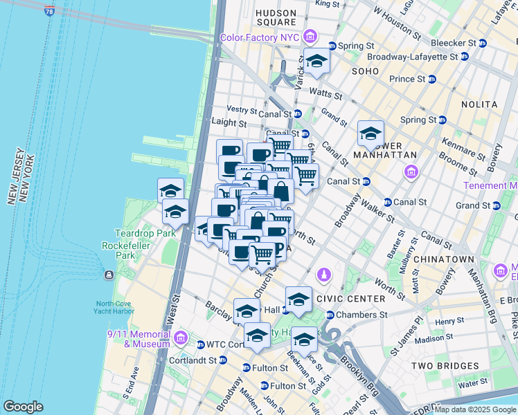 map of restaurants, bars, coffee shops, grocery stores, and more near in New York