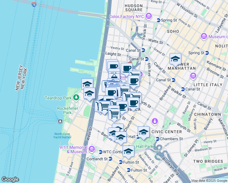 map of restaurants, bars, coffee shops, grocery stores, and more near 179 Duane Street in New York