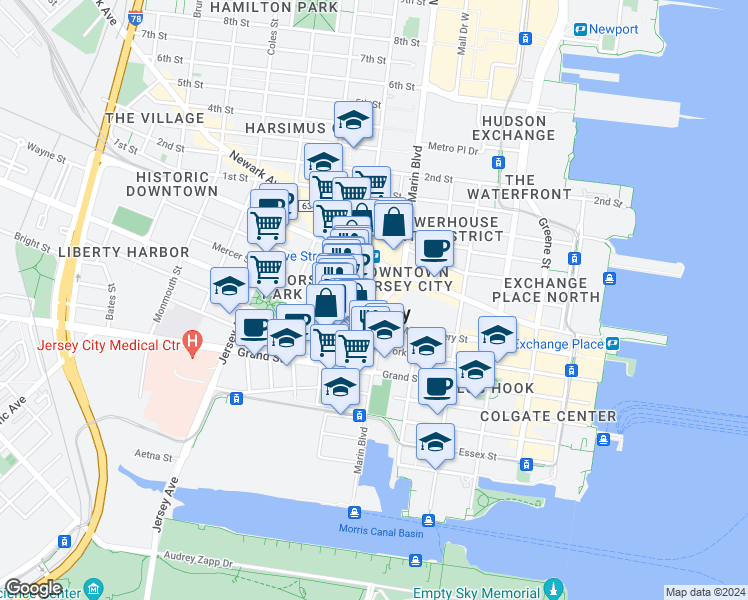 map of restaurants, bars, coffee shops, grocery stores, and more near in Jersey City