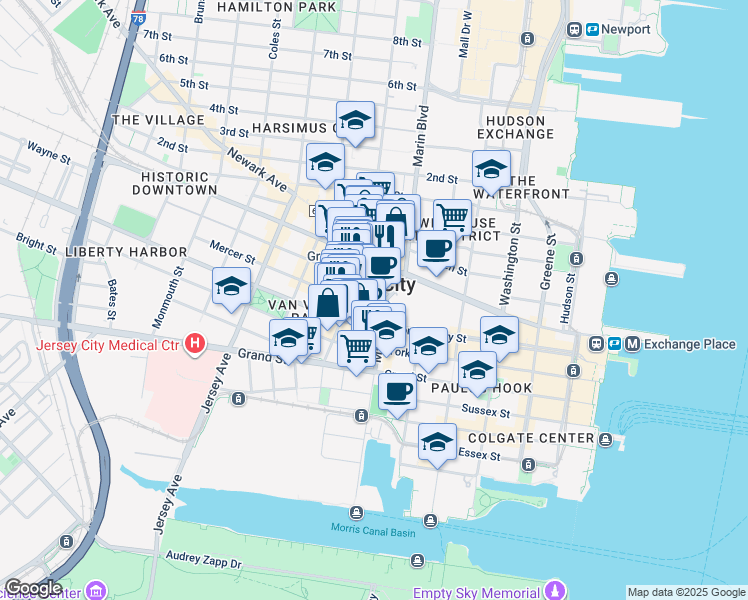 map of restaurants, bars, coffee shops, grocery stores, and more near 2 Mercer Street in Jersey City