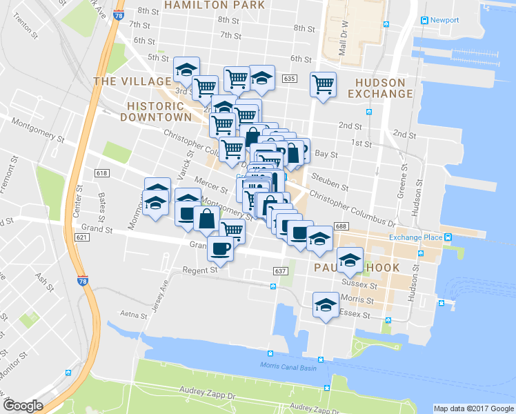 map of restaurants, bars, coffee shops, grocery stores, and more near 215 Montgomery Street in Jersey City