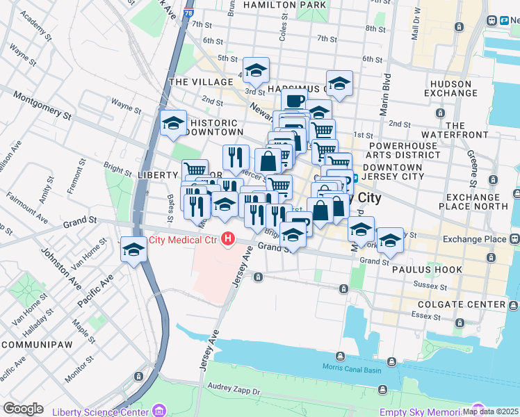 map of restaurants, bars, coffee shops, grocery stores, and more near 441 Jersey Avenue in Jersey City
