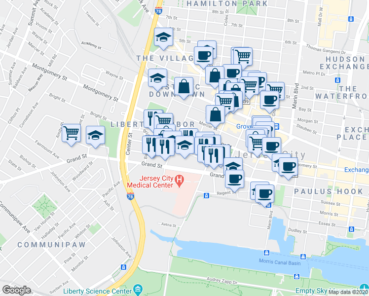 map of restaurants, bars, coffee shops, grocery stores, and more near 111 Bright Street in Jersey City