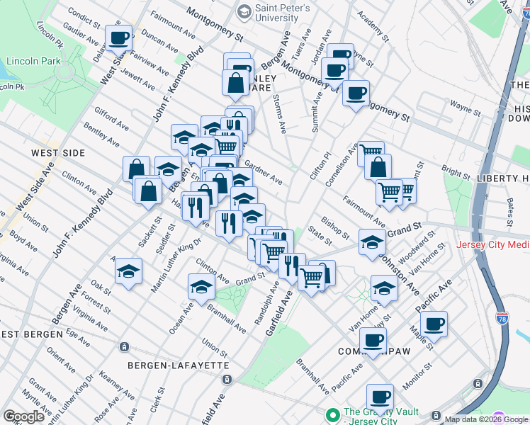 map of restaurants, bars, coffee shops, grocery stores, and more near 54 County Road 715 in Jersey City