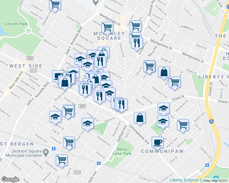 map of restaurants, bars, coffee shops, grocery stores, and more near 54 Park Street in Jersey City