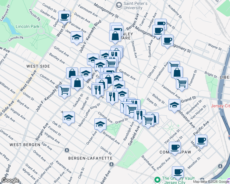 map of restaurants, bars, coffee shops, grocery stores, and more near 60 Crescent Avenue in Jersey City