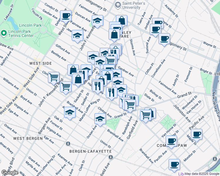 map of restaurants, bars, coffee shops, grocery stores, and more near 54 Harrison Avenue in Jersey City