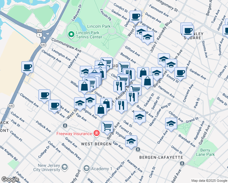 map of restaurants, bars, coffee shops, grocery stores, and more near 57 Clendenny Avenue in Jersey City