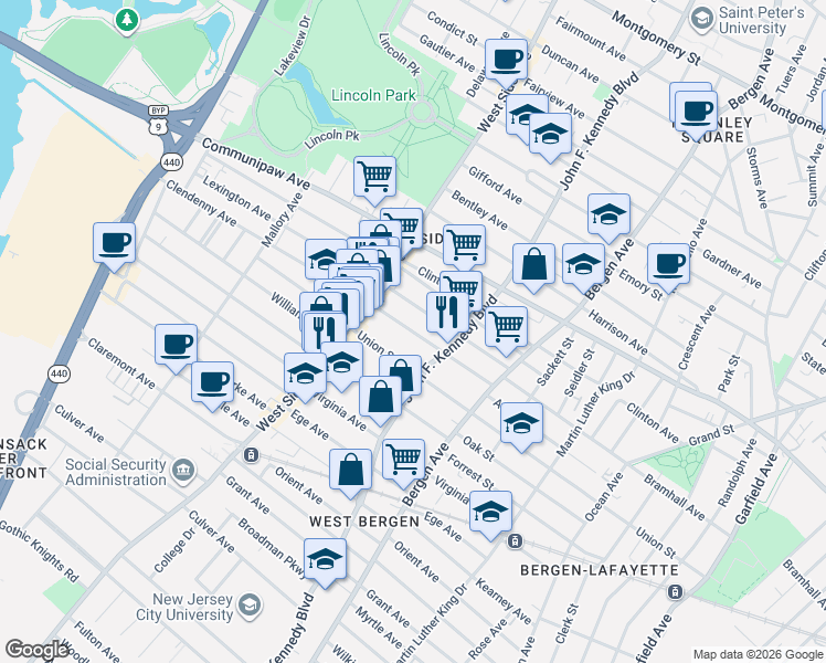 map of restaurants, bars, coffee shops, grocery stores, and more near 294 Union Street in Jersey City