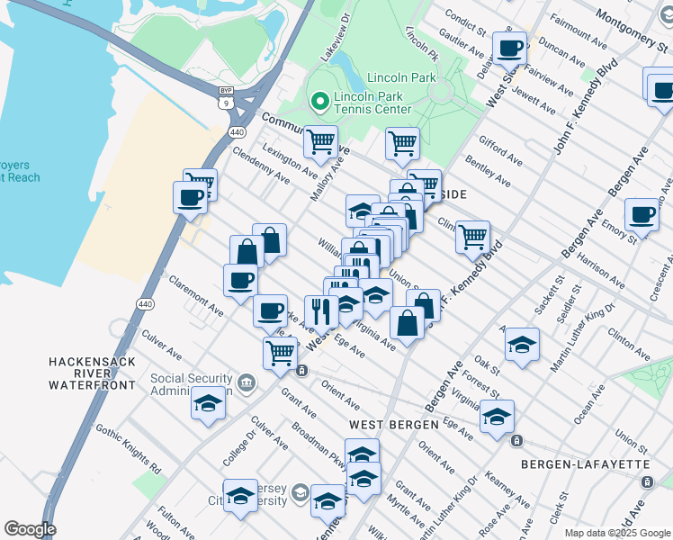 map of restaurants, bars, coffee shops, grocery stores, and more near 290 Virginia Avenue in Jersey City