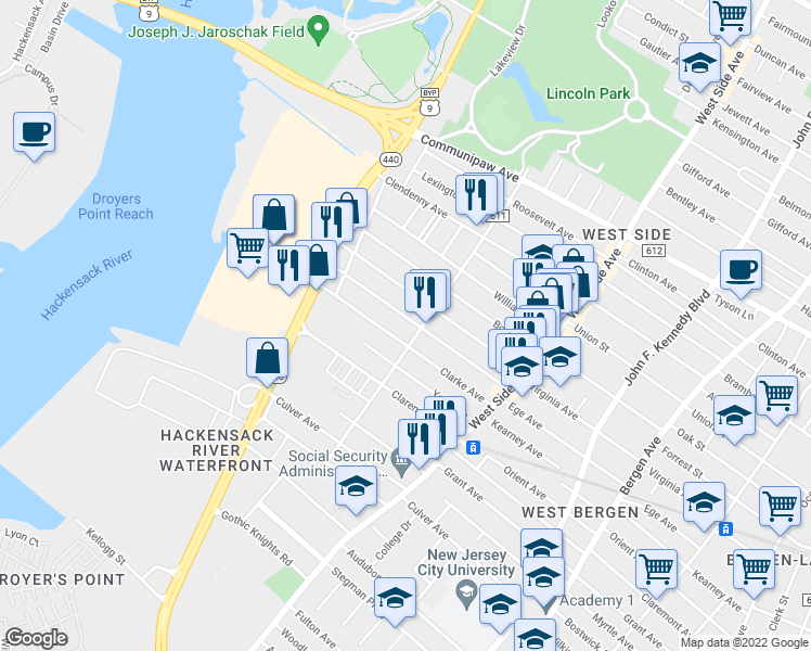map of restaurants, bars, coffee shops, grocery stores, and more near 80 Clarke Avenue in Jersey City