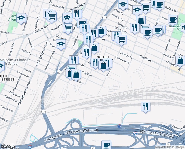 map of restaurants, bars, coffee shops, grocery stores, and more near 241-305 Wright Street in Newark
