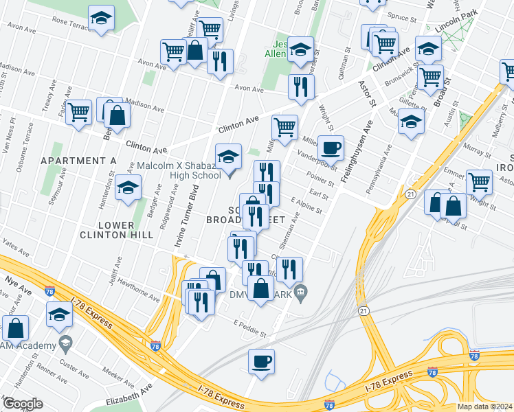 map of restaurants, bars, coffee shops, grocery stores, and more near 148 Milford Avenue in Newark