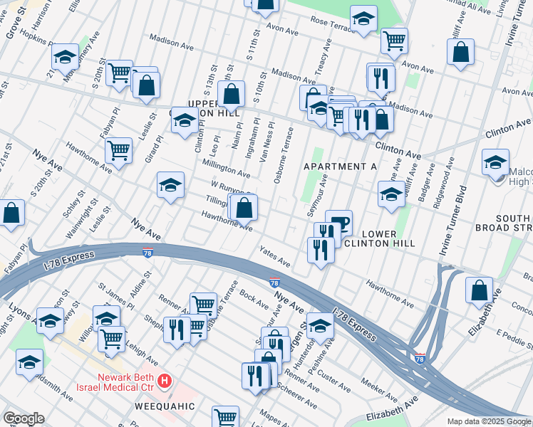 map of restaurants, bars, coffee shops, grocery stores, and more near 147 Osborne Terrace in Newark