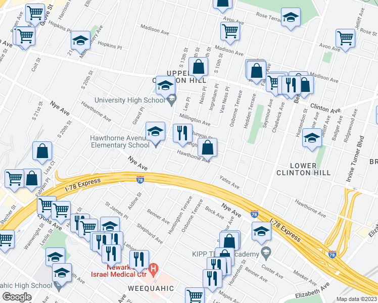 map of restaurants, bars, coffee shops, grocery stores, and more near in Newark
