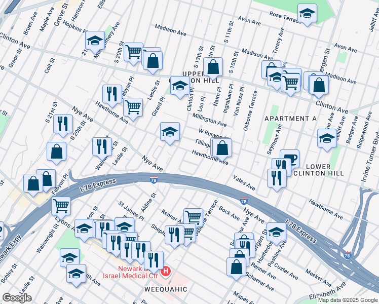 map of restaurants, bars, coffee shops, grocery stores, and more near 24 Patten Place in Newark