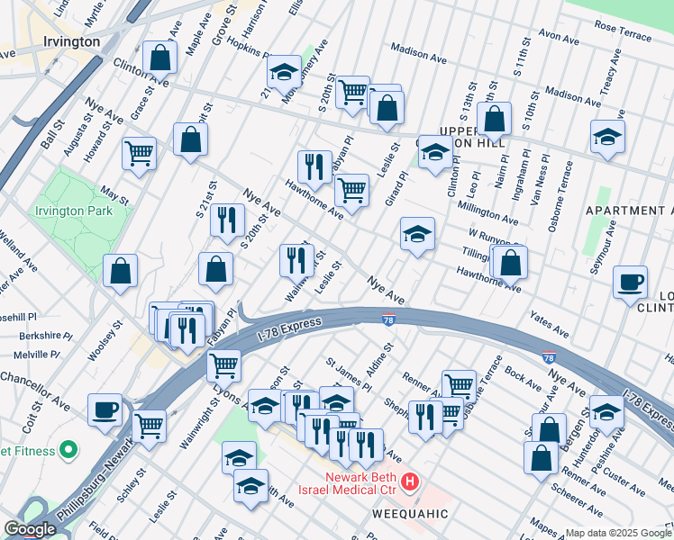 map of restaurants, bars, coffee shops, grocery stores, and more near 44 Hobson Street in Newark