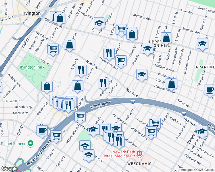 map of restaurants, bars, coffee shops, grocery stores, and more near 103 Bragaw Avenue in Newark