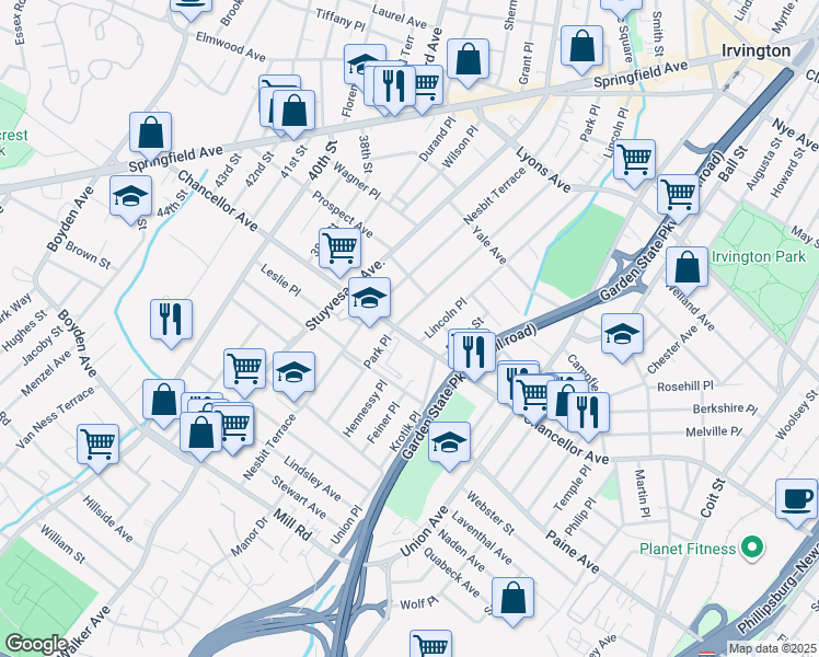 map of restaurants, bars, coffee shops, grocery stores, and more near 280 Park Place in Irvington